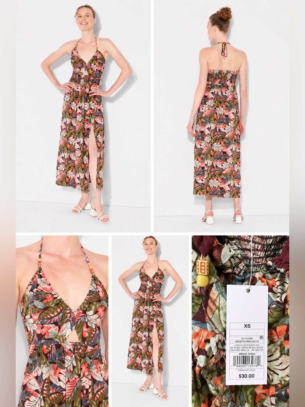 wild fable Floral Halter Maxi Dress in Olive, Rust & Pink